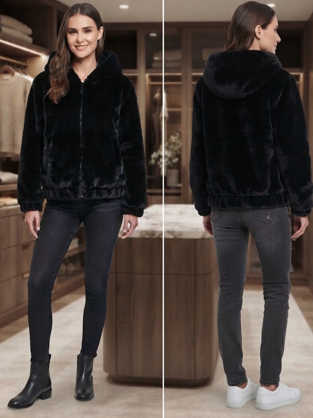 Zara Black Faux-Fur Hooded Teddy Jacket